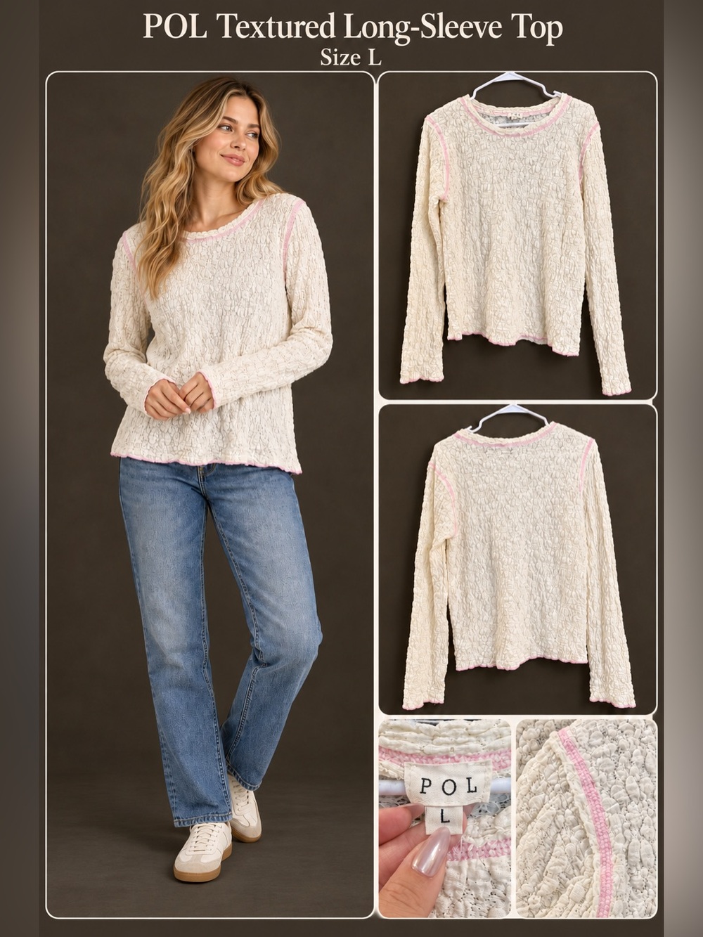 POL Cream Textured Scoop-Neck Sweater with Pink Trim